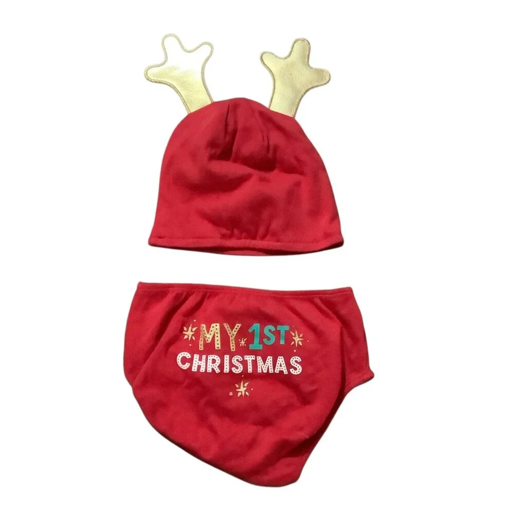 Disney Baby Christmas Gold Antlers Hat Diaper Cover‎ My 1st Christmas 12-24 Mo